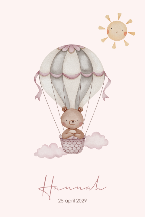 Geboortekaartje met beertje in roze luchtballon