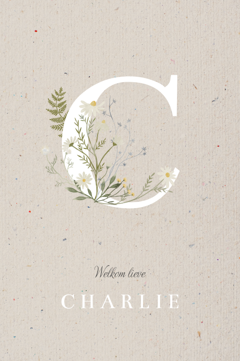Beige unisex geboortekaartje initiaal met wildflowers