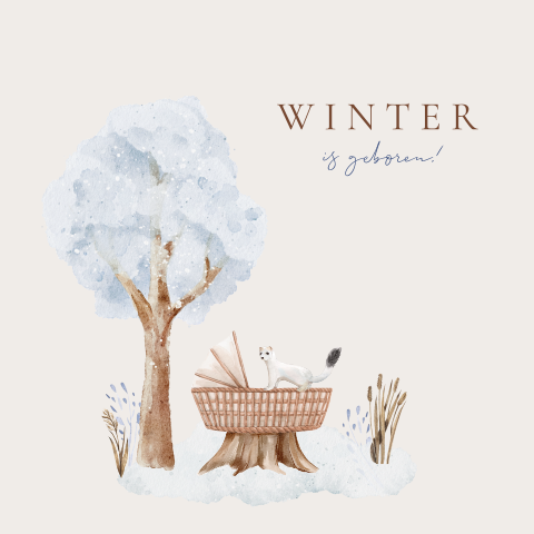 Winter geboortekaartje met wiegje in de sneeuw en marter