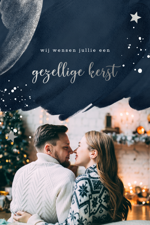 Donkerblauwe kerstkaart met foto en zilverfolie