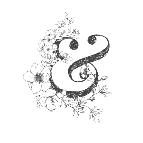 Klassieke sluitsticker met grijze bloemen en ampersand