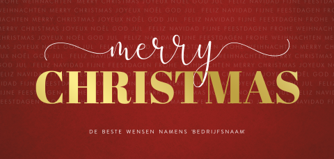 Rode kerstkaart merry christmas in goudfolie
