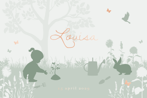 Silhouet geboortekaartje met meisje in tuin met konijntje