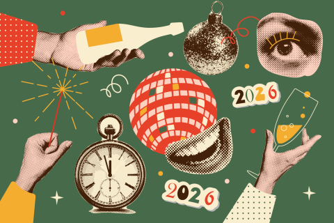 Retro nieuwjaarskaart 2026 met feestelijke illustraties