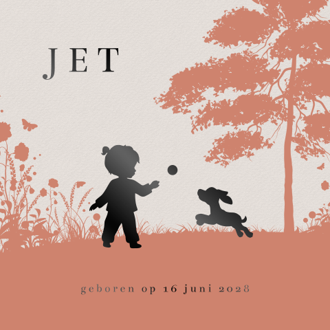Geboortekaartje met hoogglans zwart silhouet meisje en hondje