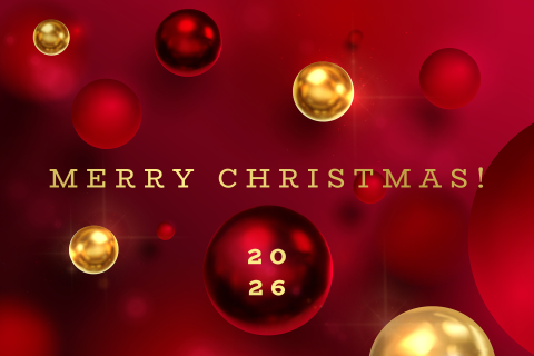Chique rode kerstkaart met abstracte kerstballen in rood en goud