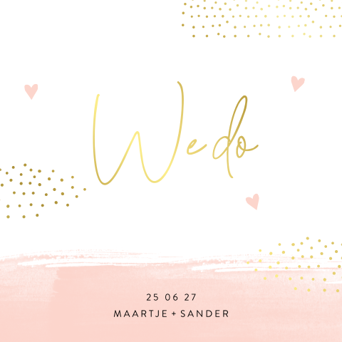 Goudfolie trouwkaart met roze waterverf en stipjes