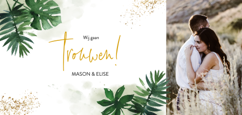 Hippe botanische trouwkaart tropische bladeren en foto