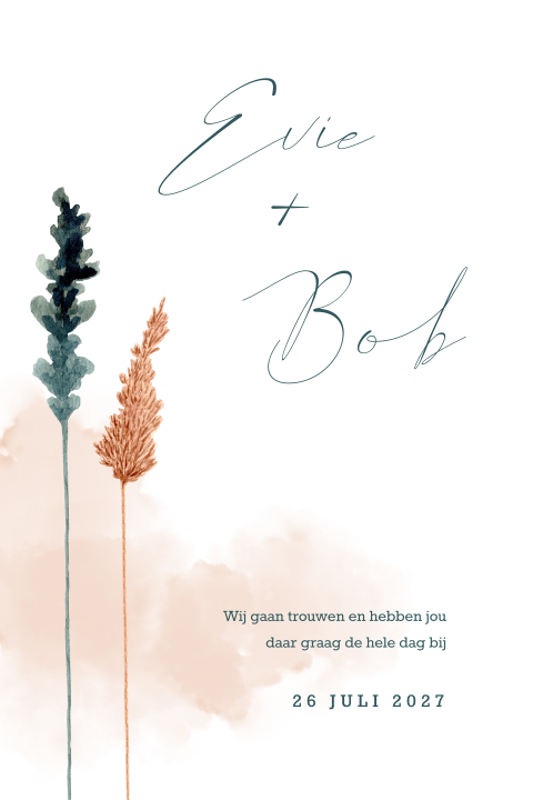 Chique trouwkaart met droogbloemen en roze waterverf