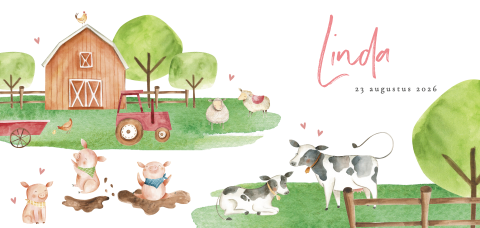Geboortekaartje meisje met boerderij dieren en tractor