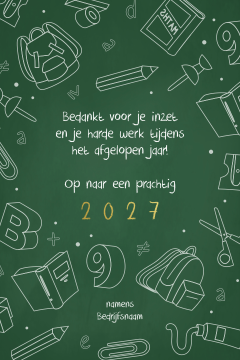 Groene kerstkaart met schoolbord en goudfolie