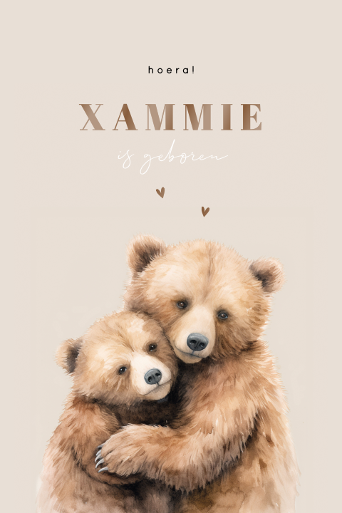 Beige geboortekaartje met twee knuffelende beertjes