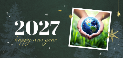 Donkergroene kerstkaart foto wereld en goudfolie sterren