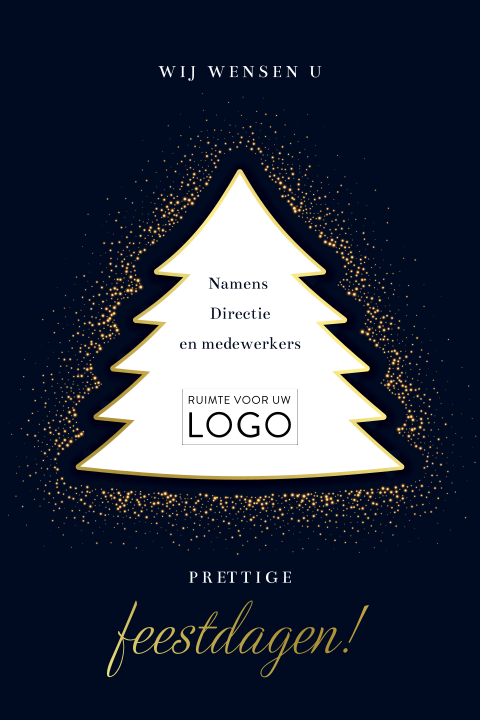 Blauwe kerstkaart met kerstboom in goudfolie