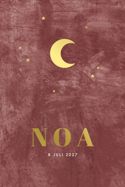 Rood geboortekaartje meisje met gouden maan en sterretjes