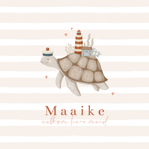 Zee geboortekaartje meisje met schildpad en vuurtoren