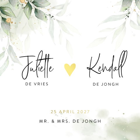 Trouwkaart met bladeren en hartje in goudfolie
