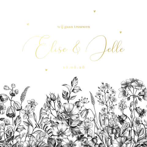 Zwart witte bloemen trouwkaart met goudfolie