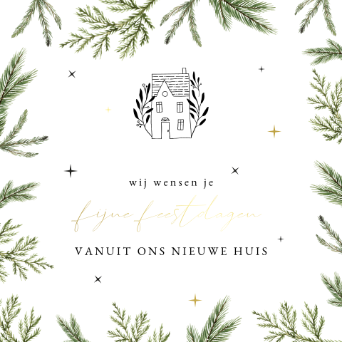 Kerst verhuiskaart met huisje, dennentakken en goudfolie