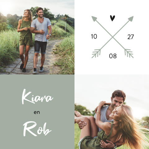 Stoere trouwkaart met foto's en groen vlak en pijlen