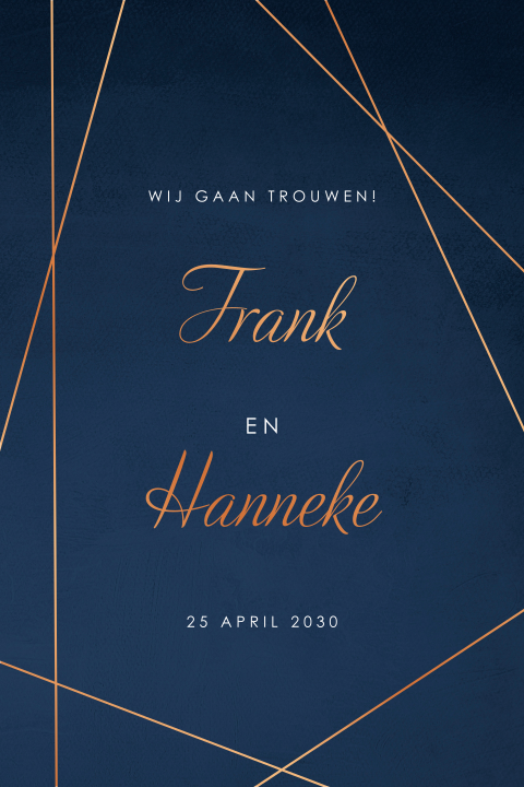 Donkerblauwe trouwkaart met koperfolie lijnen