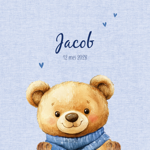 Blauw geboortekaartje met lief beertje