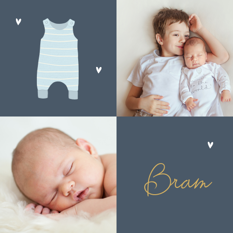 Foto geboortekaartje zus en broertje met blauwe romper