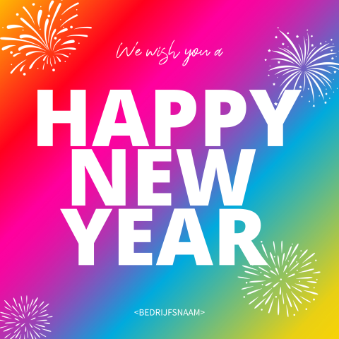 Regenboog kerstkaart met happy new Year en vuurwerk