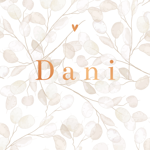 Rustig geboortekaartje met beige blaadjes en koperfolie hartje