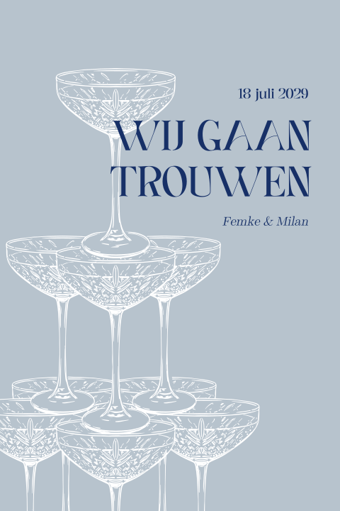 Trouwkaart met toren van champagne glazen