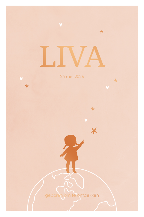 Koperfolie silhouet geboortekaartje wereldbol met meisje en sterren