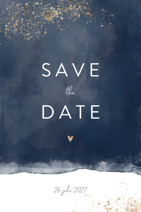 Donkerblauwe save the date met gouden spetters