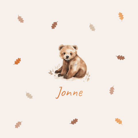 Koperfolie geboortekaartje met lief beertje en blaadjes