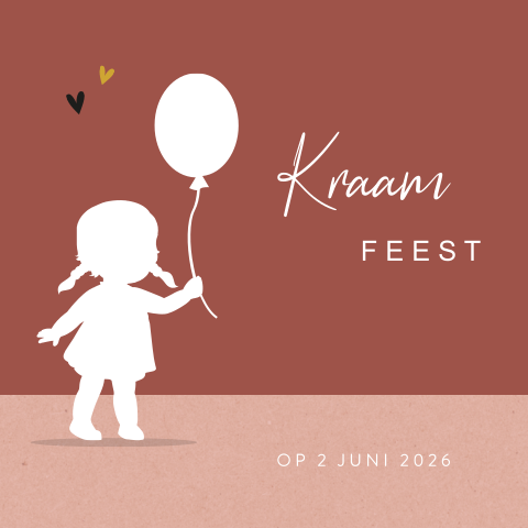 Rood kraamkaartje met meisje en ballon
