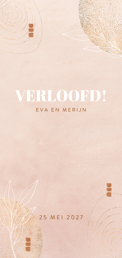 Hippe verlovingskaart in roze met goudkleurige vormen