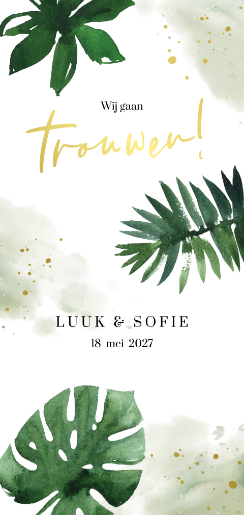 Trendy trouwkaart met goudfolie en tropische groene bladeren