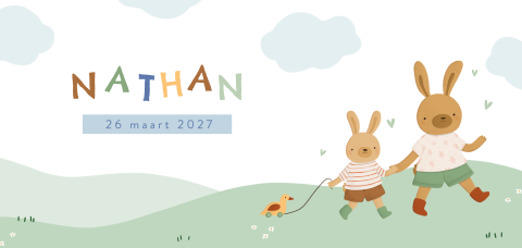 Jongens geboortekaartje 2e kindje met twee konijntjes