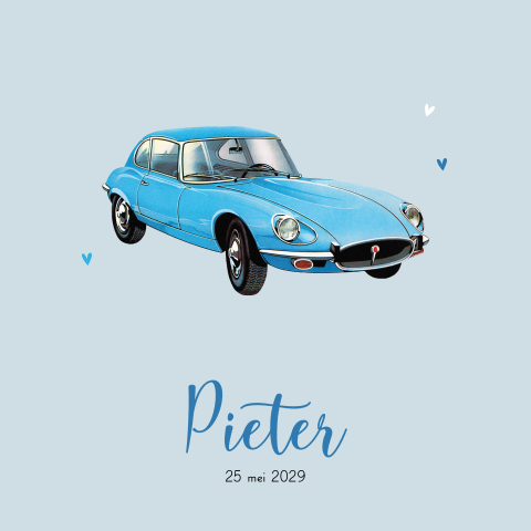 Retro geboortekaartje auto met blauwe retro Jaguar