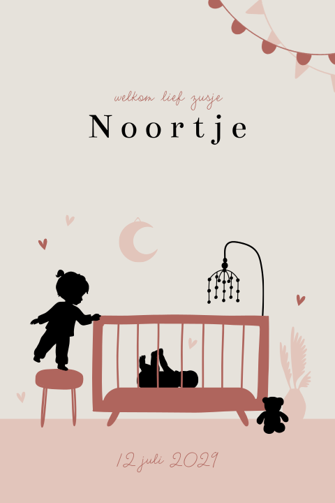 Geboortekaartje baby meisje in wieg met grote zus