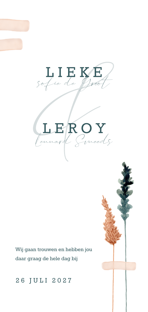 Stijlvolle trouwkaart met droogbloemen en roze waterverf