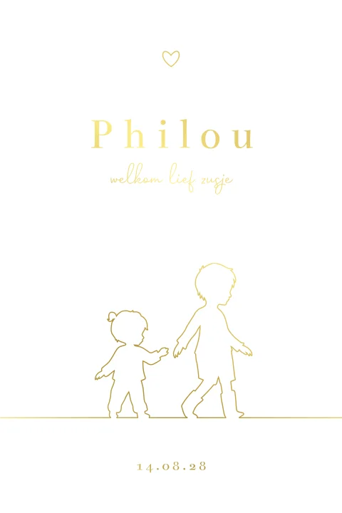 Klassiek geboortekaartje zusje en broer met goudfolie lijntekeningen