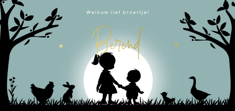 Geboortekaartje goudfolie twee kinderen in silhouet