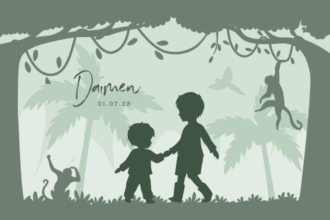 Jungle geboortekaartje in groen met silhouet broertjes