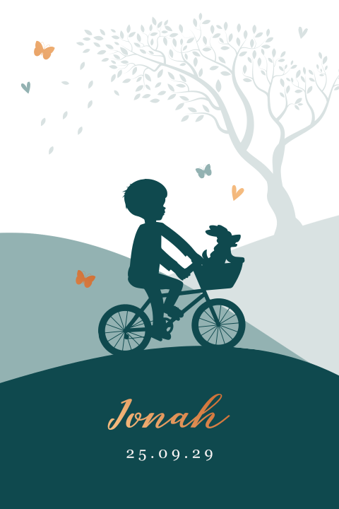 Silhouet geboortekaartje met jongen op fiets en hondje