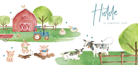 Geboortekaartje jongen met boerderij en dieren als varken en koe