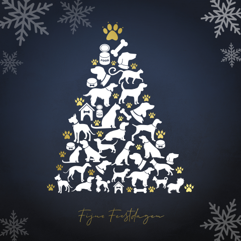 Kerstkaart honden en katten en pootjes in goudfolie
