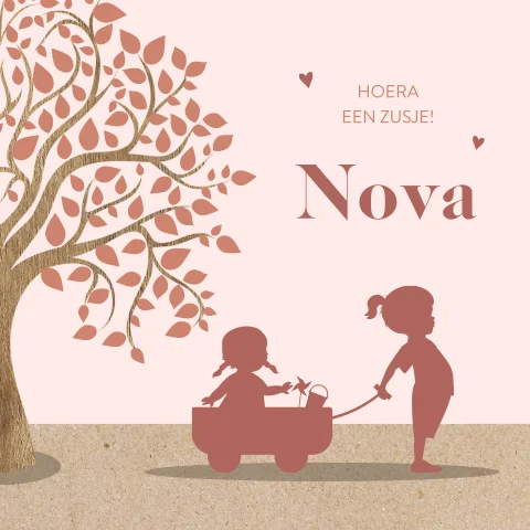 Geboortekaartje met silhouet boom en zusjes