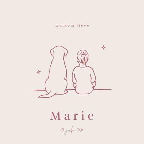 Geboortekaart lijntekening meisje met labrador