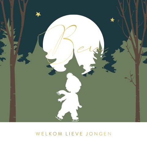 Winter geboortekaartje met jongen op schaatsen