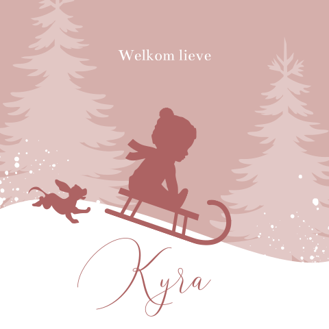 Winter babykaartje meisje op slee in blauw